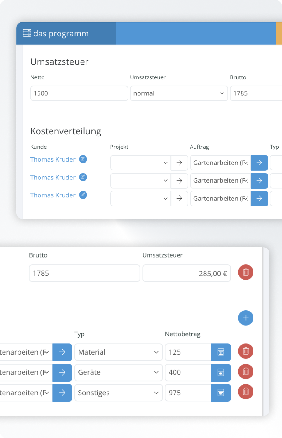 Verteile einfach die Kosten deiner Eingangsrechnung auf Aufträge, Projekte und bestimme den Kostentyp für die Nachkalkulation