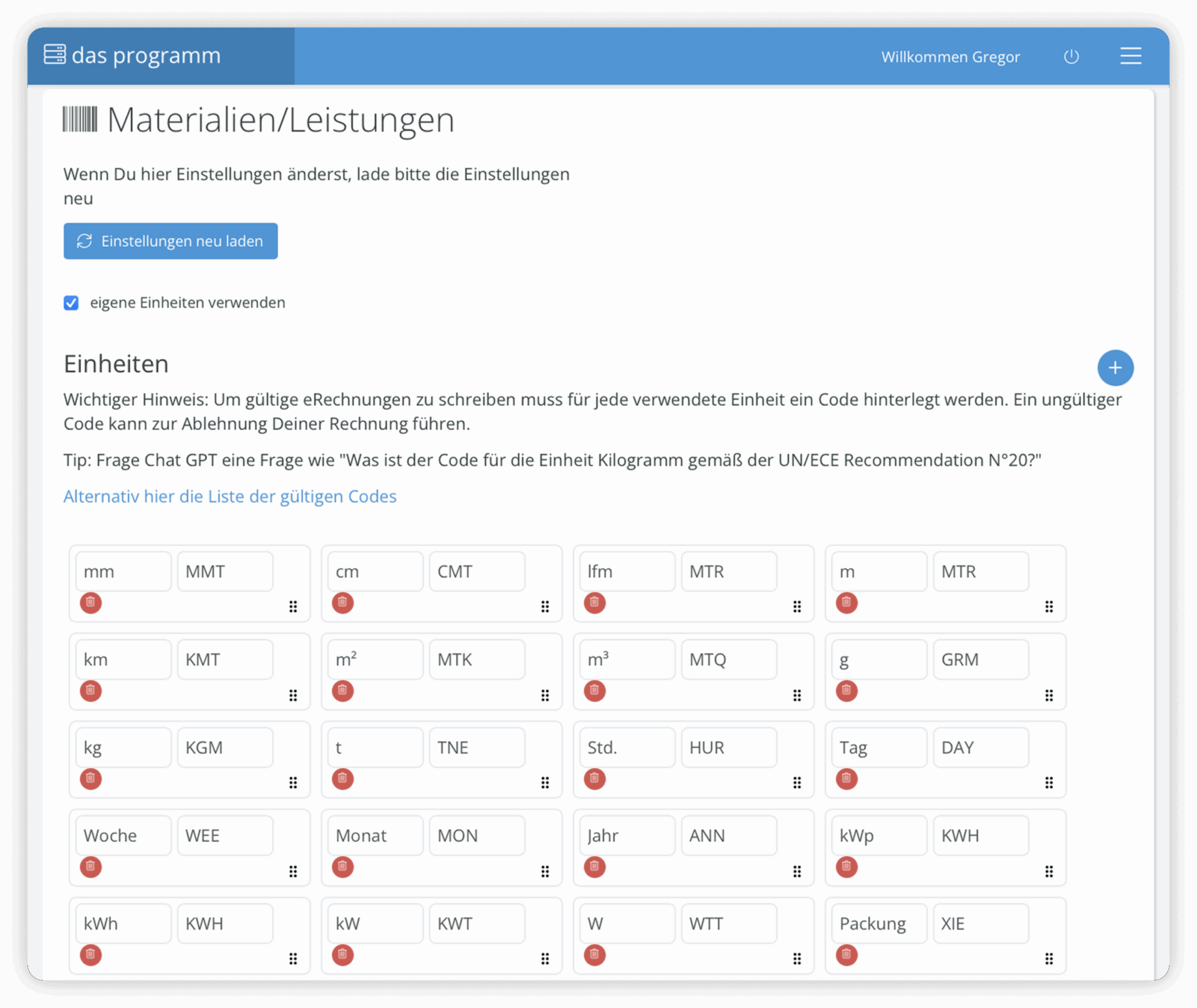 Lege im Programm eigene Maßeinheiten für die Leistungs- und Materialkalkulation an