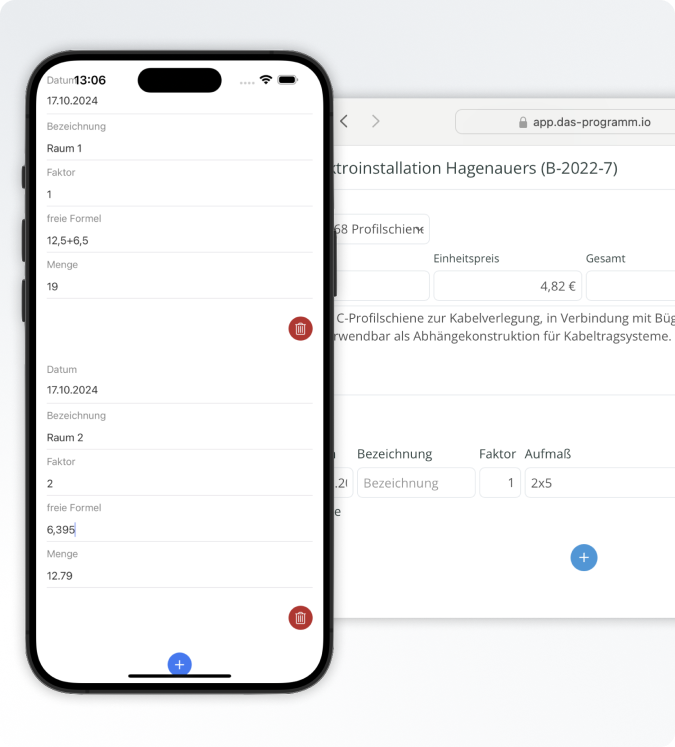 Umfangreicher Auftrag? Im Bautagebuch hältst Du Ist-Werte mobil mit dem Aufmaß pro Position fest.
