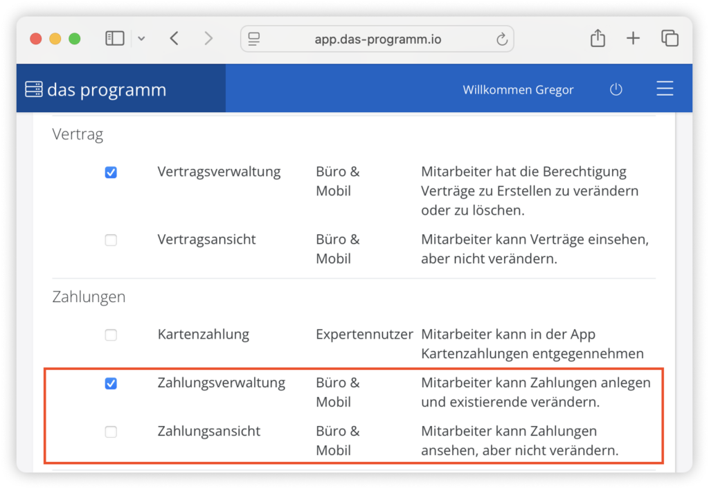 Berechtigungen verwalten für Büronutzer.