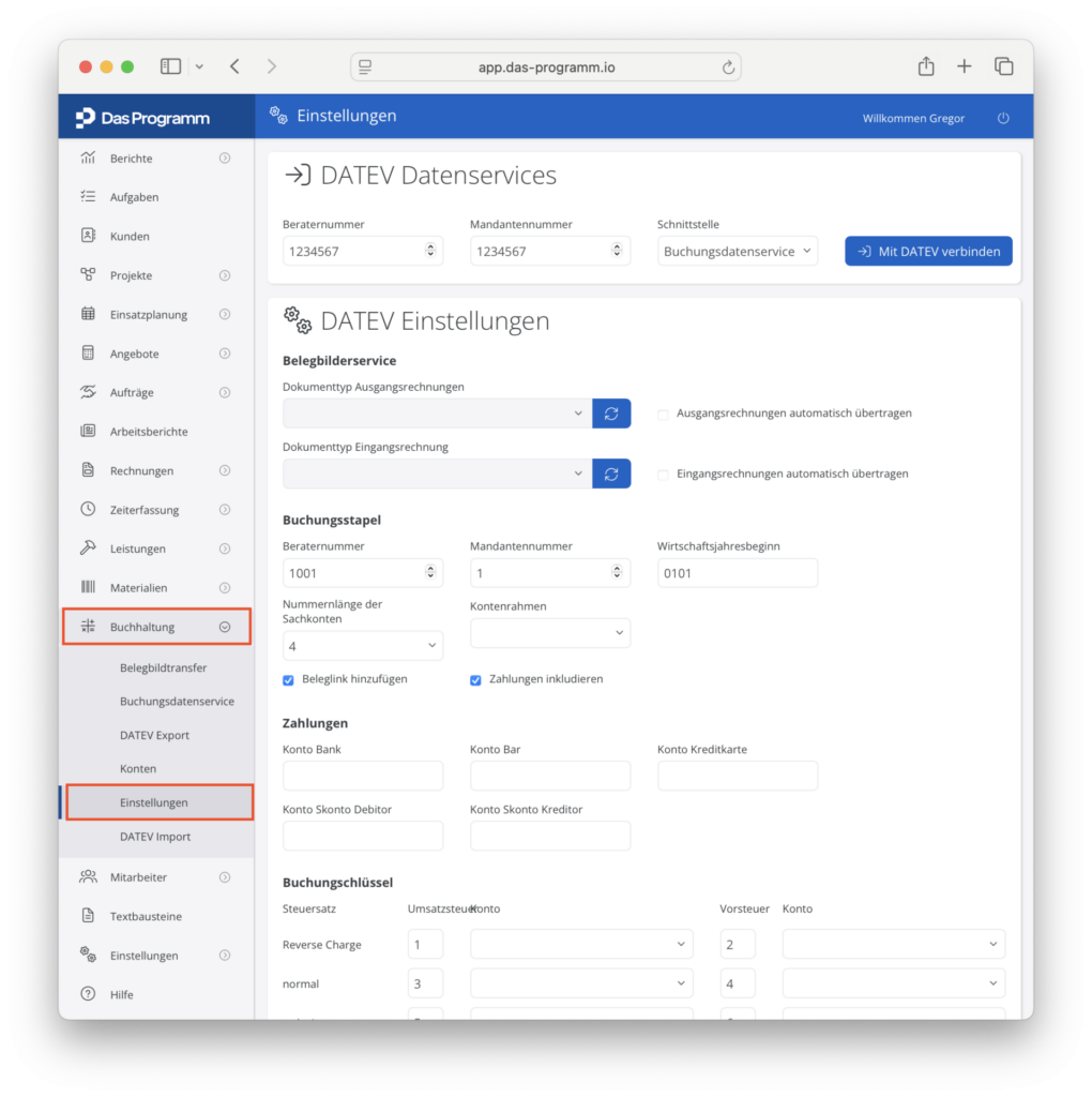Einstellungen für die DATEV Datenservices aufrufen
