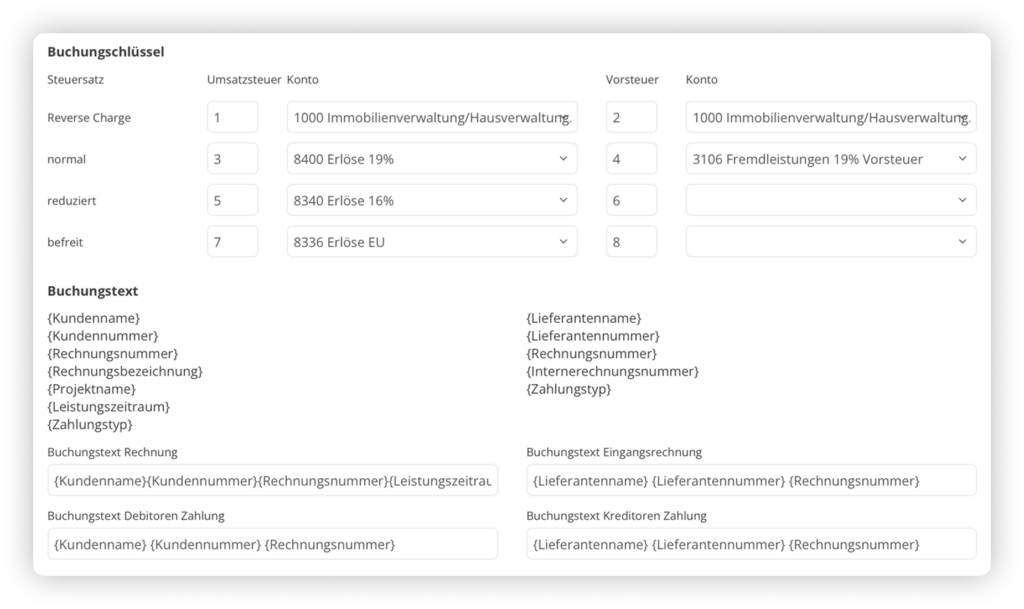 Buchungsschlüssel und Buchungstexte hinterlegen