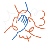 Bunte Darstellung von drei ineinander verschränkten Händen zur Sybolisierng von Networking im Handwerk