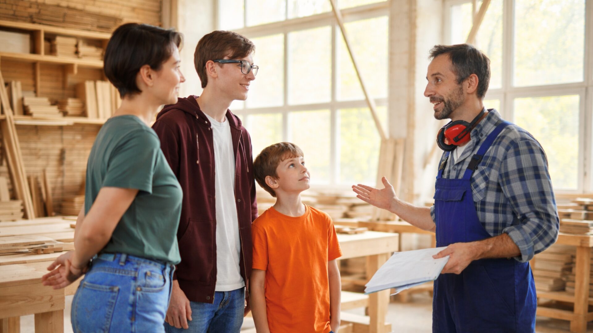 Eine Familie wird von einem Handwerker beraten als Symbolisierung der Kundengewinnung im Handwerk