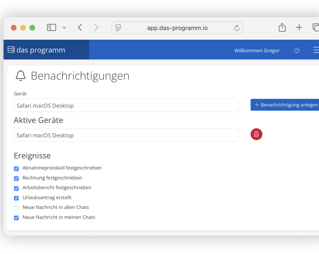 Konfiguriere, worüber dich das Programm via Push-Benachrichtigung in Browser und App benachrichtigt.