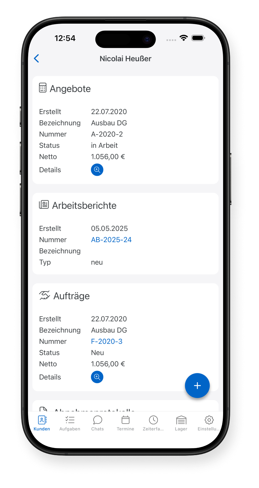 Screenshot of handwerker app showing the customer page