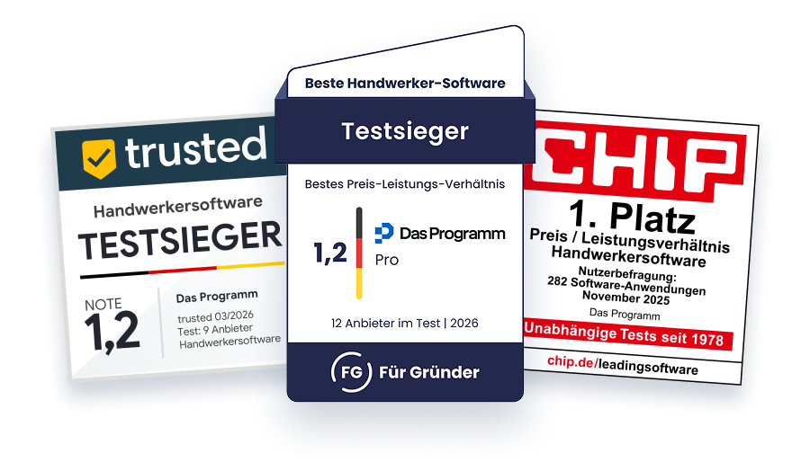 Drei Trust Siegel zeigen „Das-Programm“ als Testsieger bei Handwerkersoftware, Für Gründer und CHIP