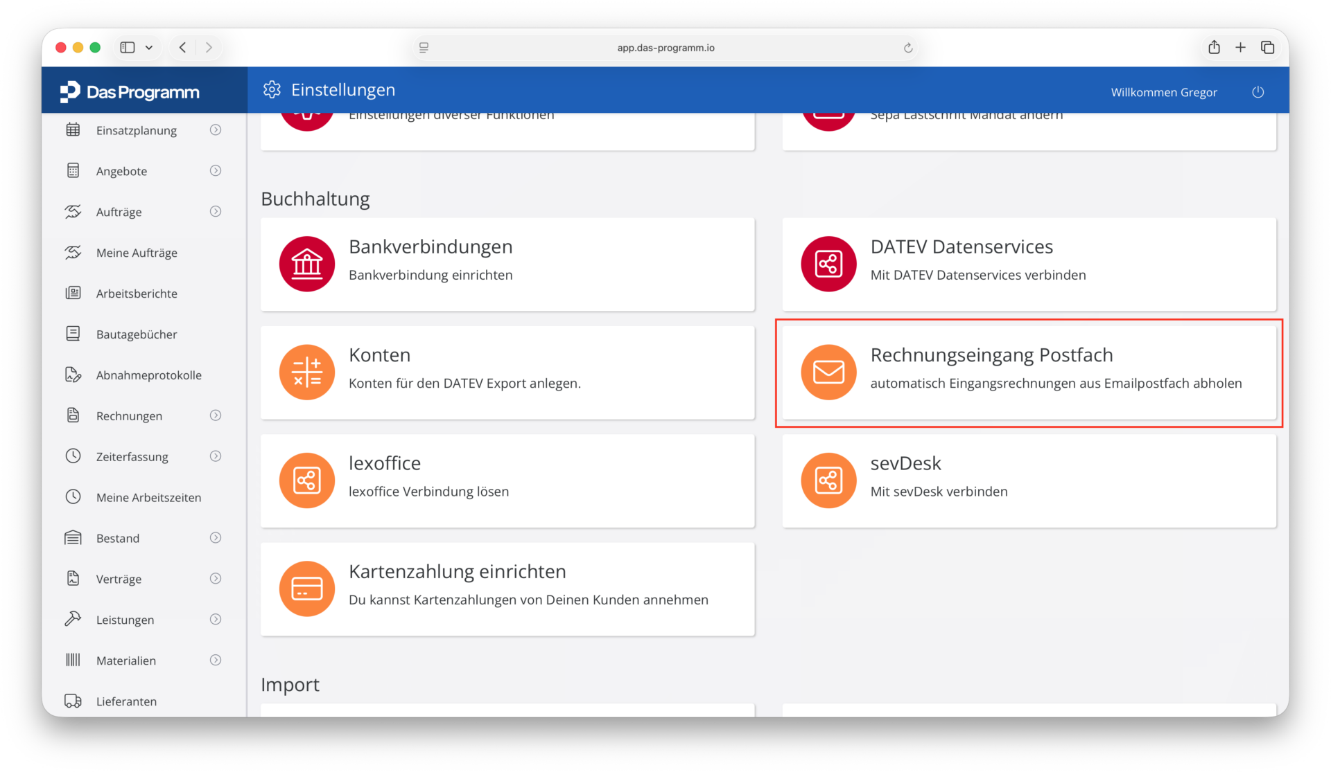 Verknüpfe dein Eingangsrechnung Postfach. Das Programm ruft deine Eingangsrechnungen automatisch ab. 