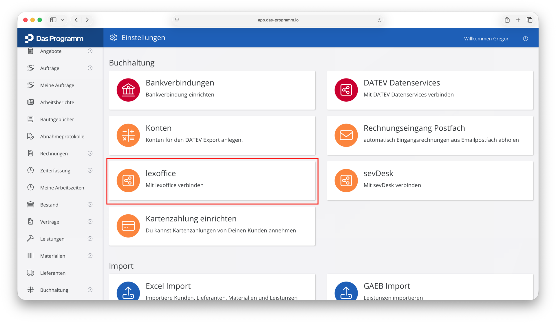 Verbindung zu Lexware (vormals Lexoffice) über die Programm Einstellungen herstellen